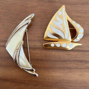 BROOCH Lot of 2 Nautical Themed Gold Tone Metal Modernist Abstract Artsy Chic